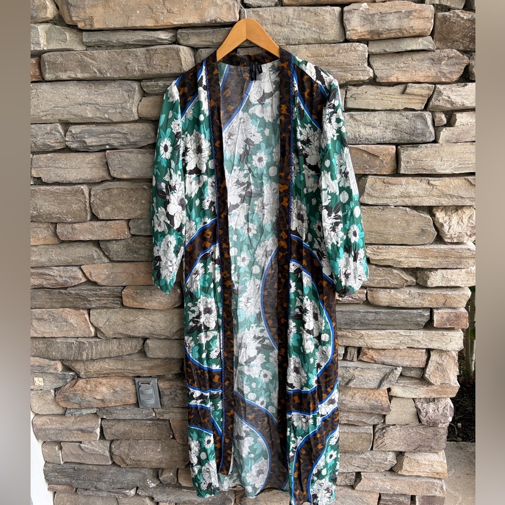 Anthropologie Bl-nk Floral Kimono Duster Cover Up Boho Robe Long Tall Viscose